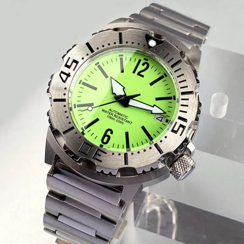 42mm Tandorio Monster Watches 20ATM Waterproof NH35ADiver Automatic Watch Men Sapphire Green Luminous Dial Steel Bracelet