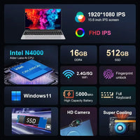 15.6 inch Laptop Computer Intel Celeron N4000 Notebook PC Fingerprint Unlock Windows 11 Pro 16GB RAM 1TB SSD 1920*1080P Laptops