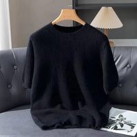 100% Mink Cashmere Knitted Short Sleeved Men's Loose Round Neck Solid Color Half Sleeved Simple T-Shirt Casual Business Cashmere