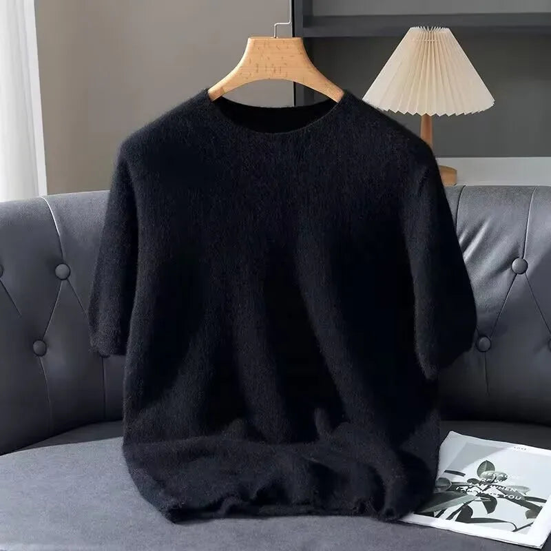 100% Mink Cashmere Knitted Short Sleeved Men's Loose Round Neck Solid Color Half Sleeved Simple T-Shirt Casual Business Cashmere