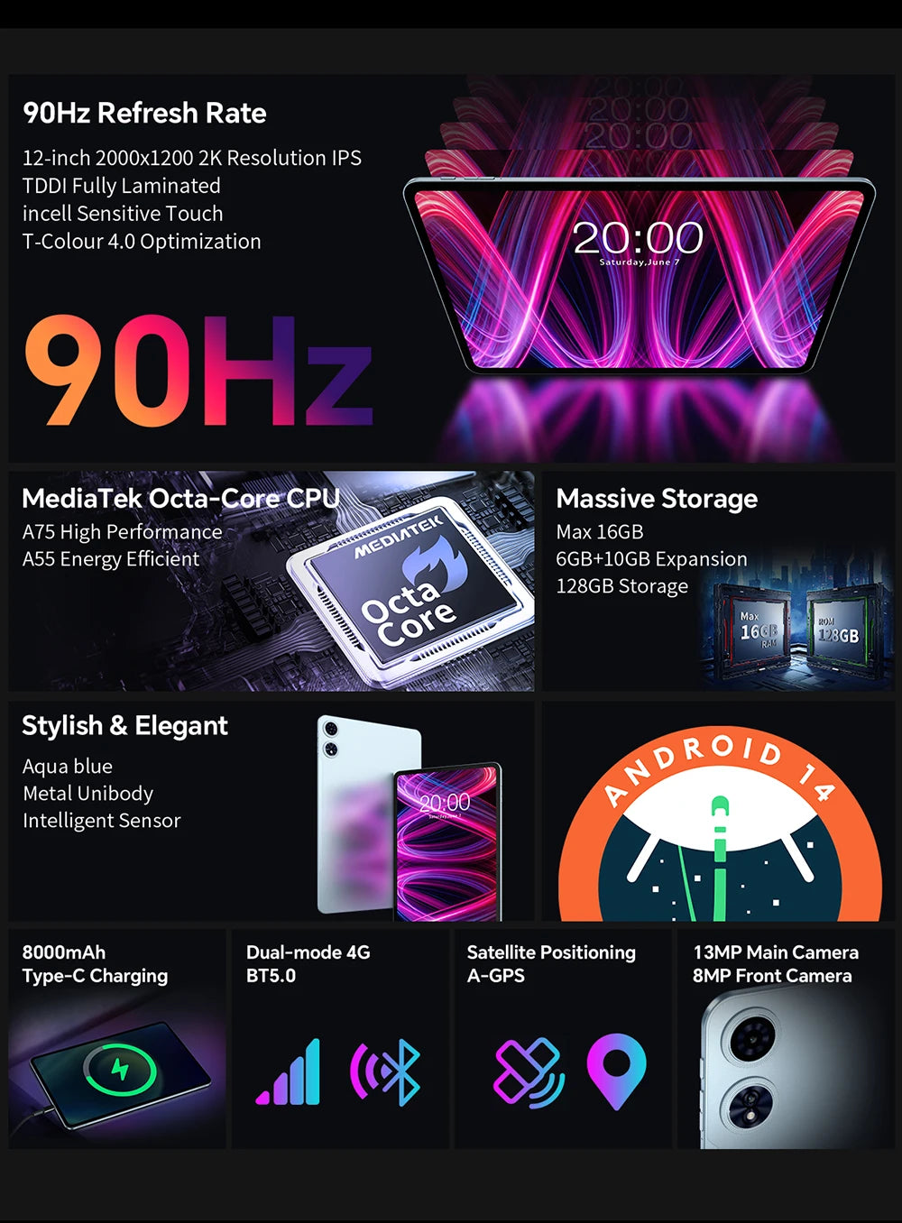 Teclast T60 Plus Tablet 12" 90Hz 2K Display Android 14 MTK G88 Octa-Core Max 16GB RAM 128GB ROM Widevine L1 4G LTE GPS 8000mAh