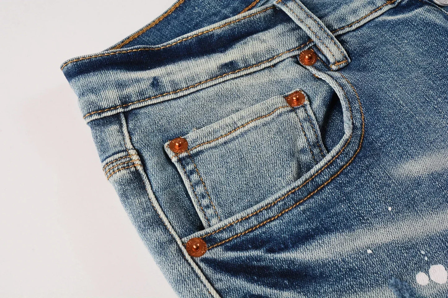 2025 Jeans Man's High Street Blue Ripped Distressed Skinny Jeans Low Rise Denim Trousers Fashion Repair Pants 9003