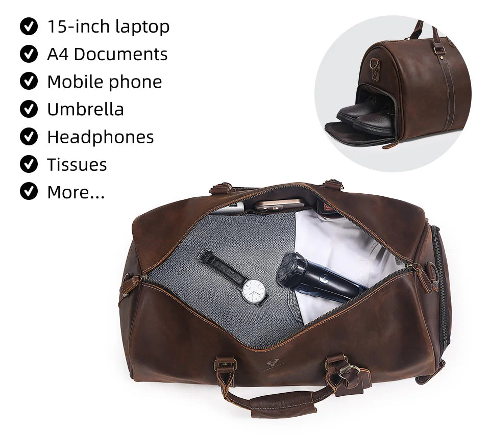 Men's Crazy Horse Leather Duffle Bag Large Capacity Travel Luggage Bag Fits 15'' Laptop & Shoes Durable Totes Bags for Business