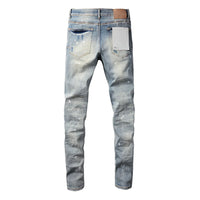 2025 Jeans Man's High Street Blue Ripped Distressed Skinny Jeans Low Rise Denim Trousers Fashion Repair Pants 9003