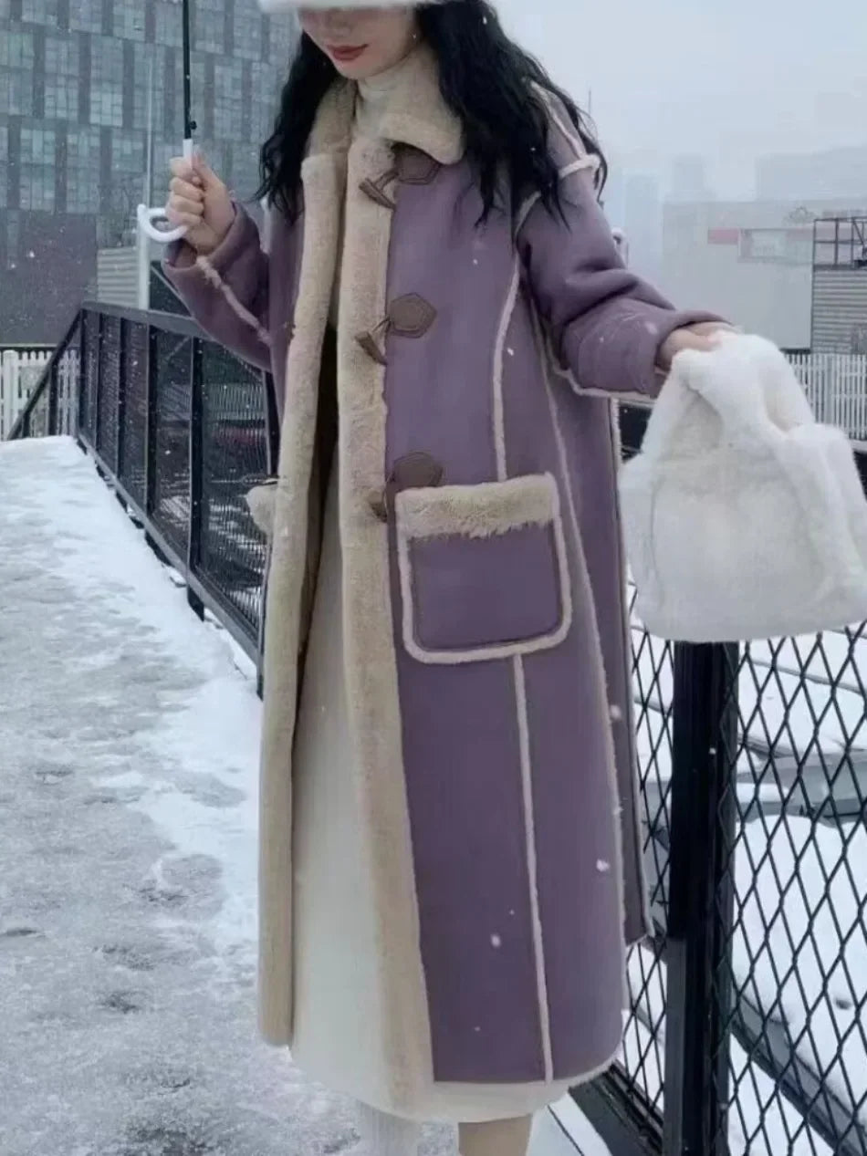 2025 Autumn Winter Women's Simple and Chic Long Coat with Button Design Lamb Wool Collar, Versatile and Stylish for Casual Wear