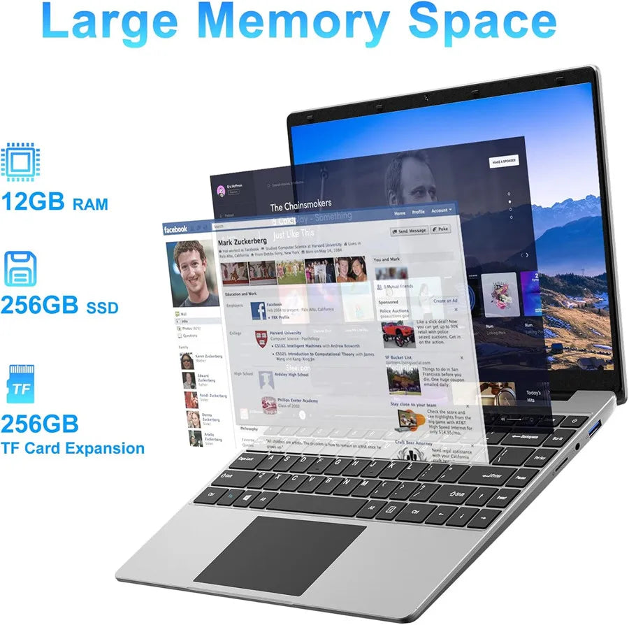 14 Inch Laptop PC 12GB LPDDR4 RAM 256GB SSD ROM 1080p FHD IPS Screen Windows 11 Computer with Celeron 4-Core Processor WIFI
