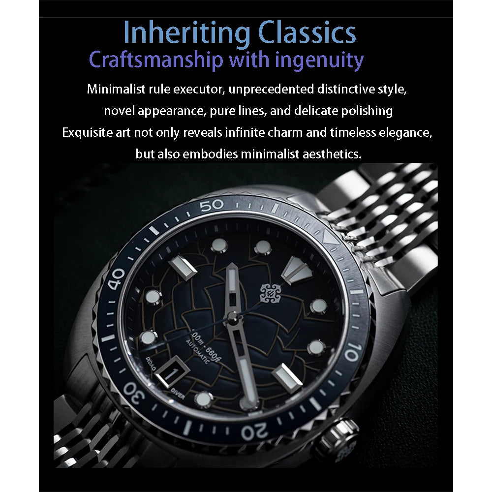 2025 New IXDAO IPOSE Automatic Mechanical Men Watch JD-X07S Dragon Scale Pattern Watch Stainless Steel BWG-9 Diving reloj hombre