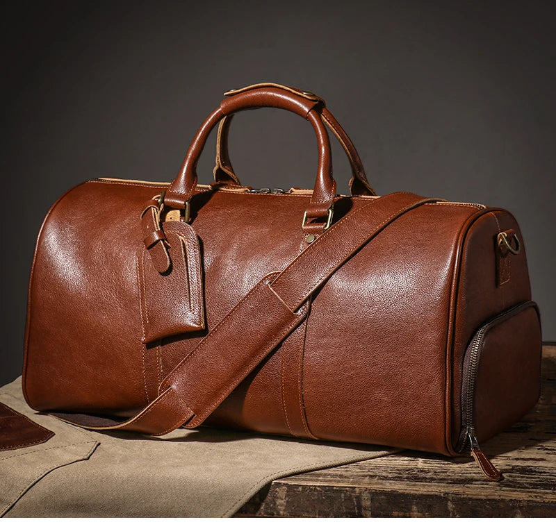 LUOKIR High Quality Men's Travel Bag Genuine Leather Luxury Luggage Bag Women's Weekend Duffle Bag Vintage Business Handbag