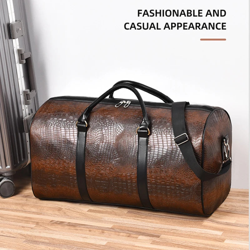 Large Capacity Travel Duffle Bag for Men PU Leather Crocodile Pattern Waterproof Sports daily casual Tote Bag women
