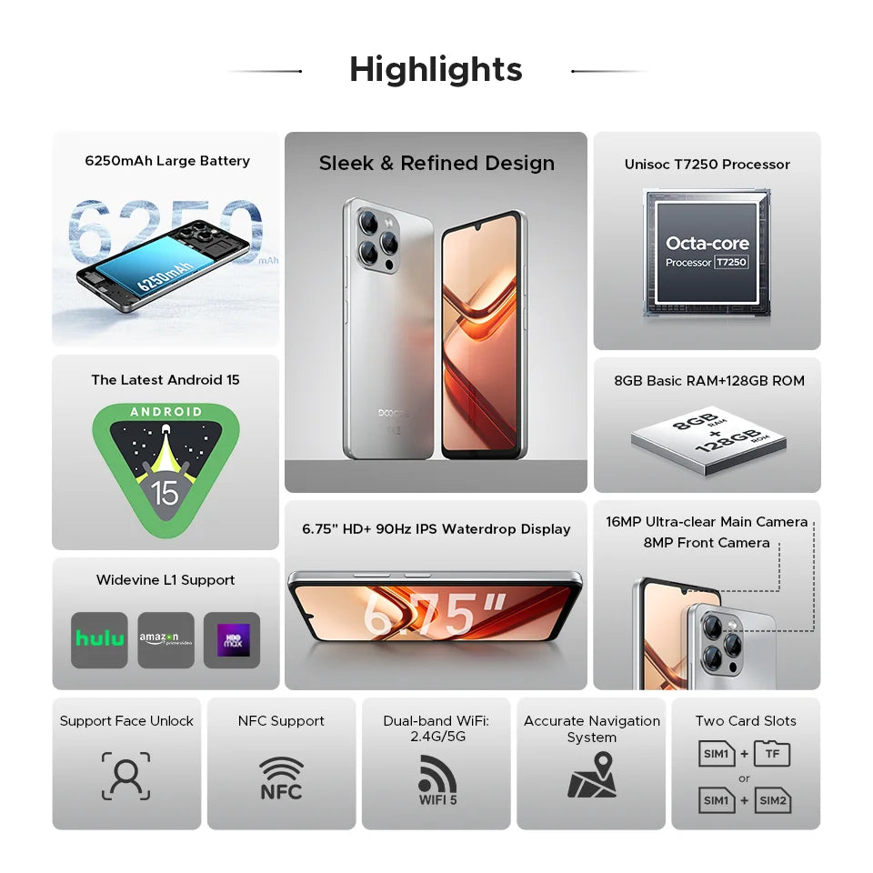 【Brand+】Global Version DOOGEE Note 58 8GB RAM 128GB ROM 6.75" HD+ 90Hz IPS Screen 6250mAh Large battery NFC Android 15