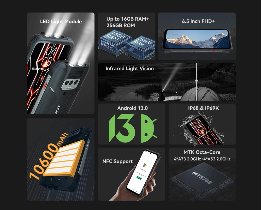 CUBOT Kingkong Power Outdoor Smartphone Android13,16GB+256GB,10600mAh(33W)/6.5”/48MP+20MP Night Vision,IP68/Dual 4G SIM/NFC/GPS