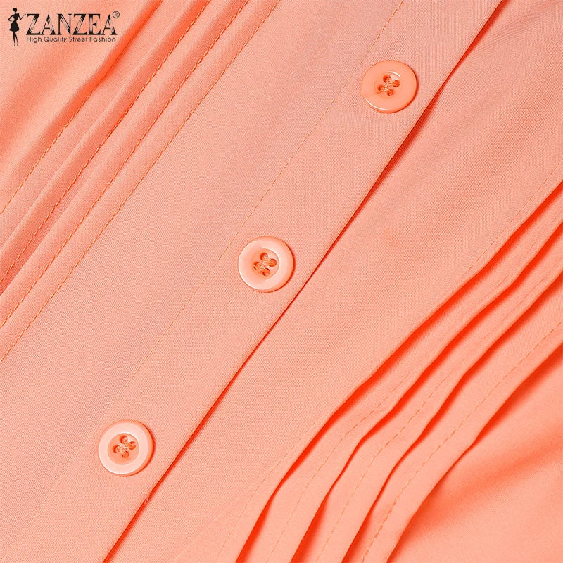 2025 ZANZEA Elegant Women Midi Dresses Summer Office Work Dress Short Sleeve O Neck Party Vestidos Pleated Sundress Robe Femme