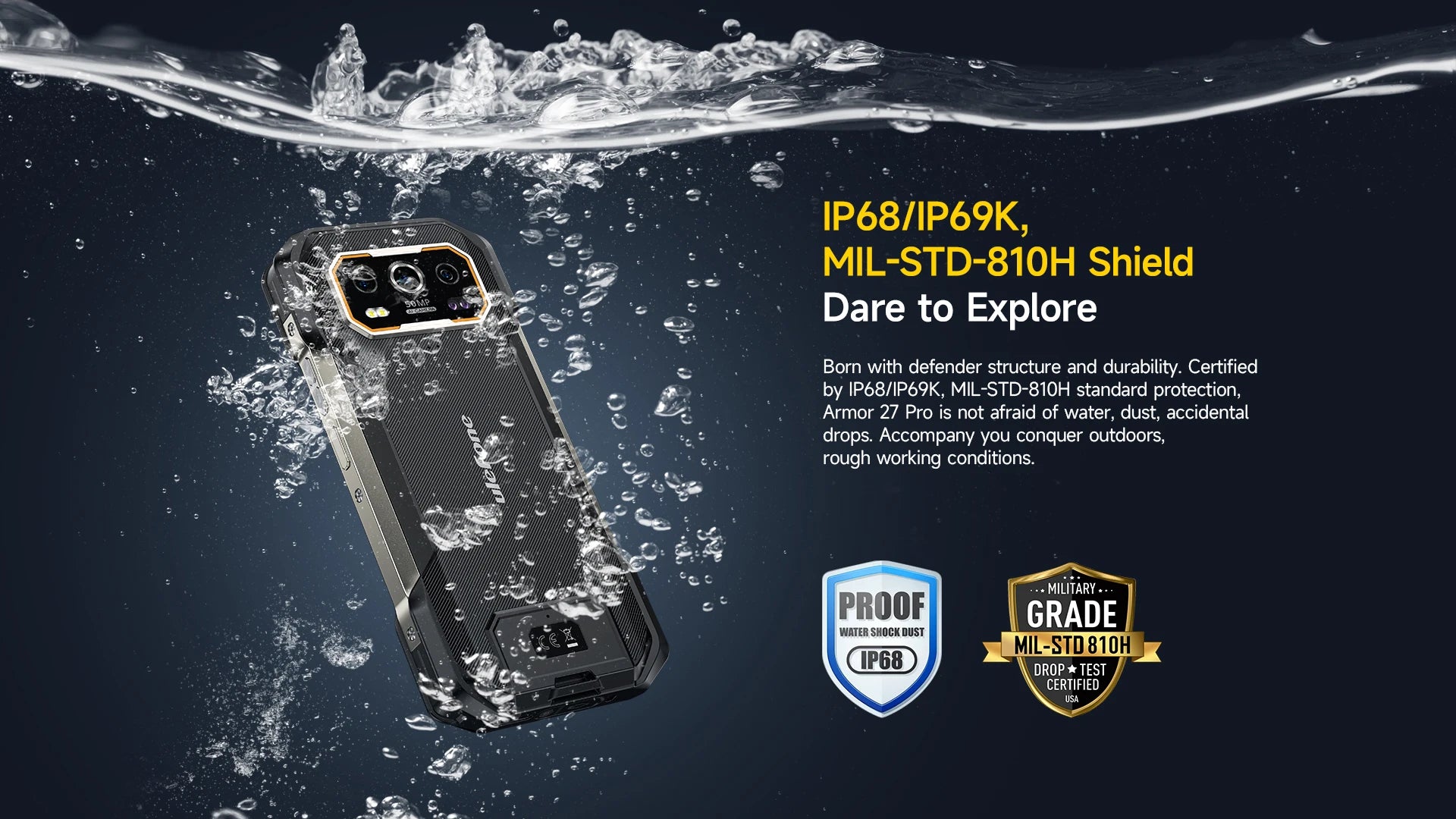 Ulefone Armor 27 Pro 5G Rugged Phone 10600mAh Smartphone 50MP Camera 64MP Night Android 14 Up to 24GB+256GB NFC Waterproof Phone