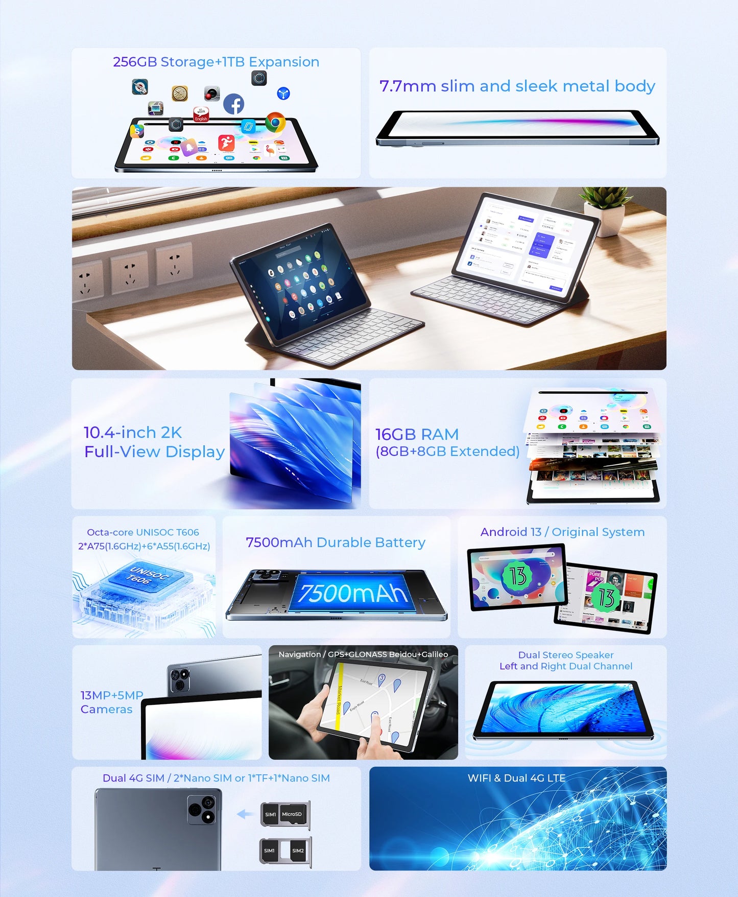 [Clearance Sale] HOTWAV Pad 8 Tablet 10.4'' 2K Large Display 7.7mm Pad 8GB 256GB 7500mAh Massive Battery Android 13 Tablet PC