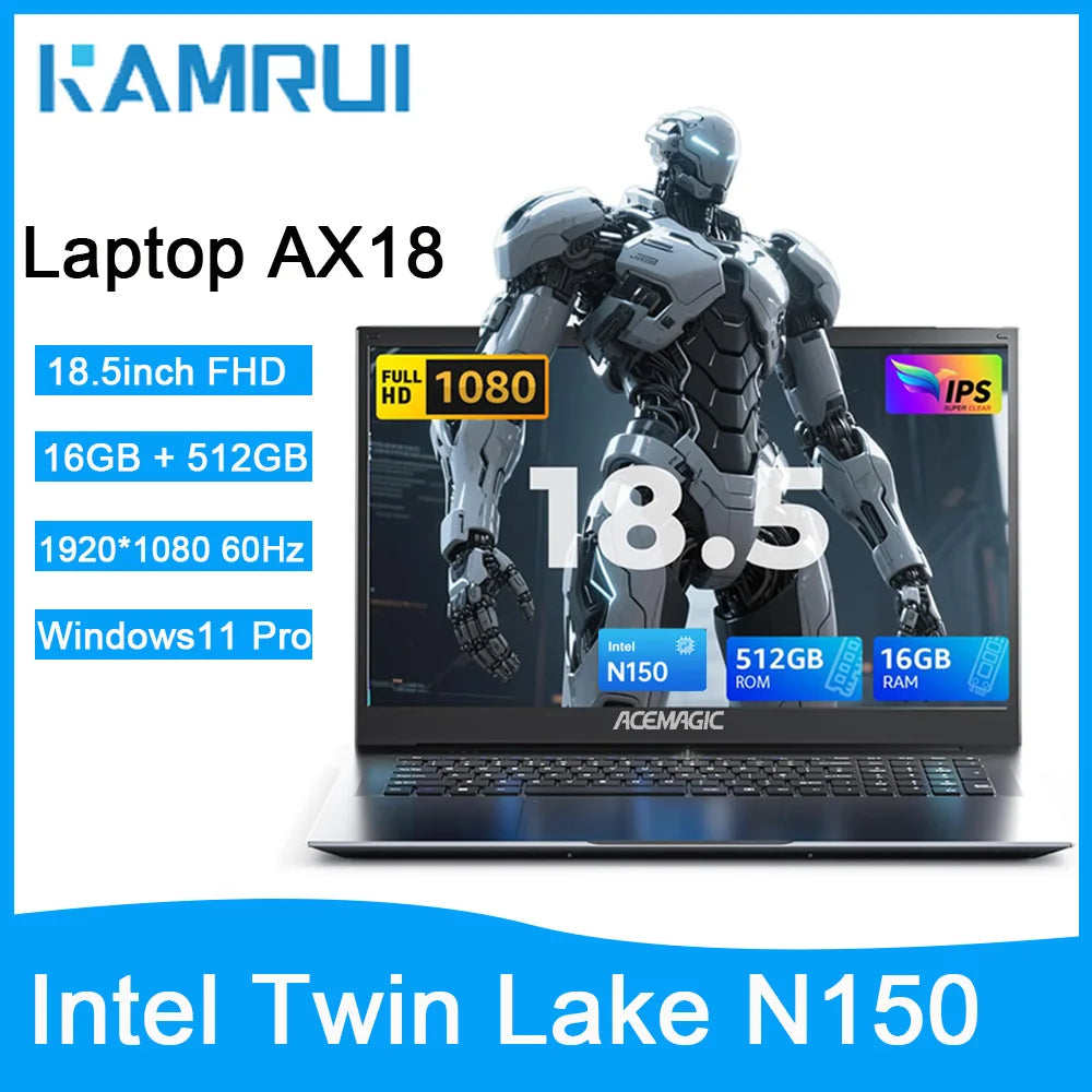 KAMRUI Laptop Computer 18.5" FHD 8000mAh Intel N150 Quad-Core Windows 11 PRO 16GB DDR4 RAM 512GB M.2 SSD WiFi5 Desktop Notebook