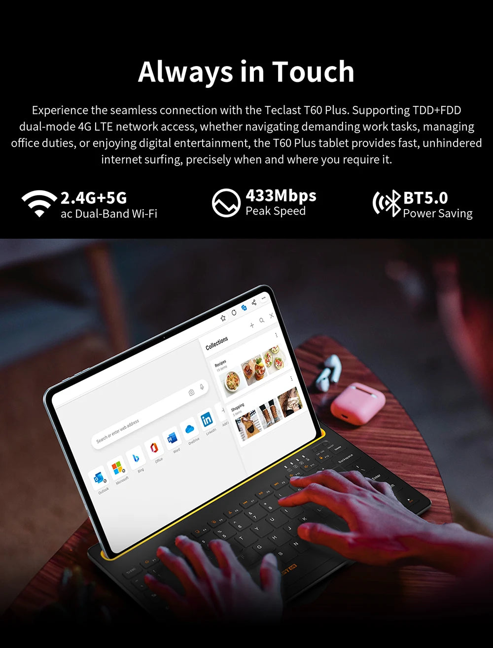 Teclast T60 Plus Tablet 12" 90Hz 2K Display Android 14 MTK G88 Octa-Core Max 16GB RAM 128GB ROM Widevine L1 4G LTE GPS 8000mAh
