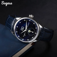Sugess Moonphase Watch of Men 40mm Automatic Mechanical Wristwatches Origin ST2528 Movement Stainless Steel Blue Sandstone Dials