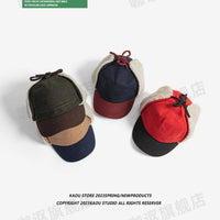 Retro Woolen Color Matching Bomber Hat Men and Women Street Japanese Trend Peaked Cap Plush Thermal Ear Protection Baseball Cap