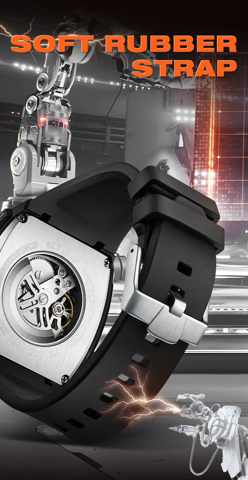 Mark Fairwhale 6014 Brand Rubber Strap Waterproof Luminous Men's Automatic Mechanical Watch Barrel Shape Watches for Men