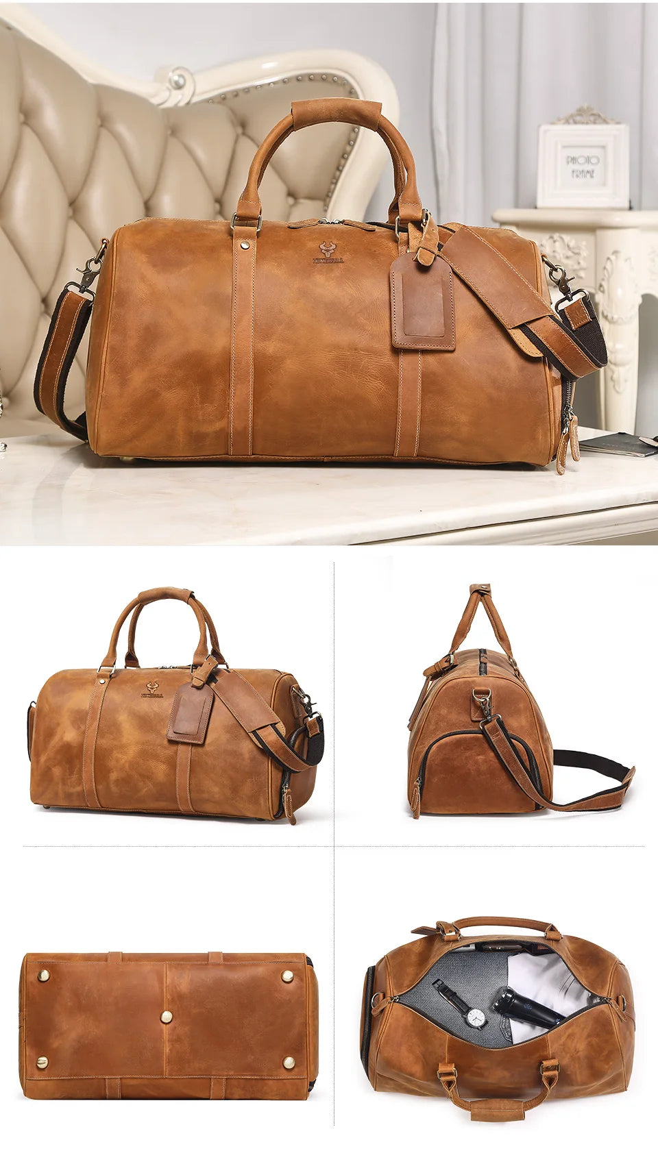 Men's Crazy Horse Leather Duffle Bag Large Capacity Travel Luggage Bag Fits 15'' Laptop & Shoes Durable Totes Bags for Business