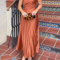 2026 spring/summer new solid color waist cinching sexy temperament elegant single shoulder sloping collar pleated long dress