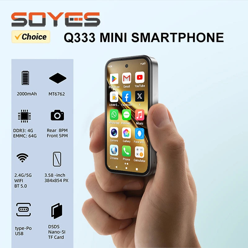 SOYES Q333 Mini Smartphone 4GB RAM 64GB ROM Android 12.0 Face Unlock 2000mAh 4G LTE Type-C OTG 3.58‘’ Screen Small Phone
