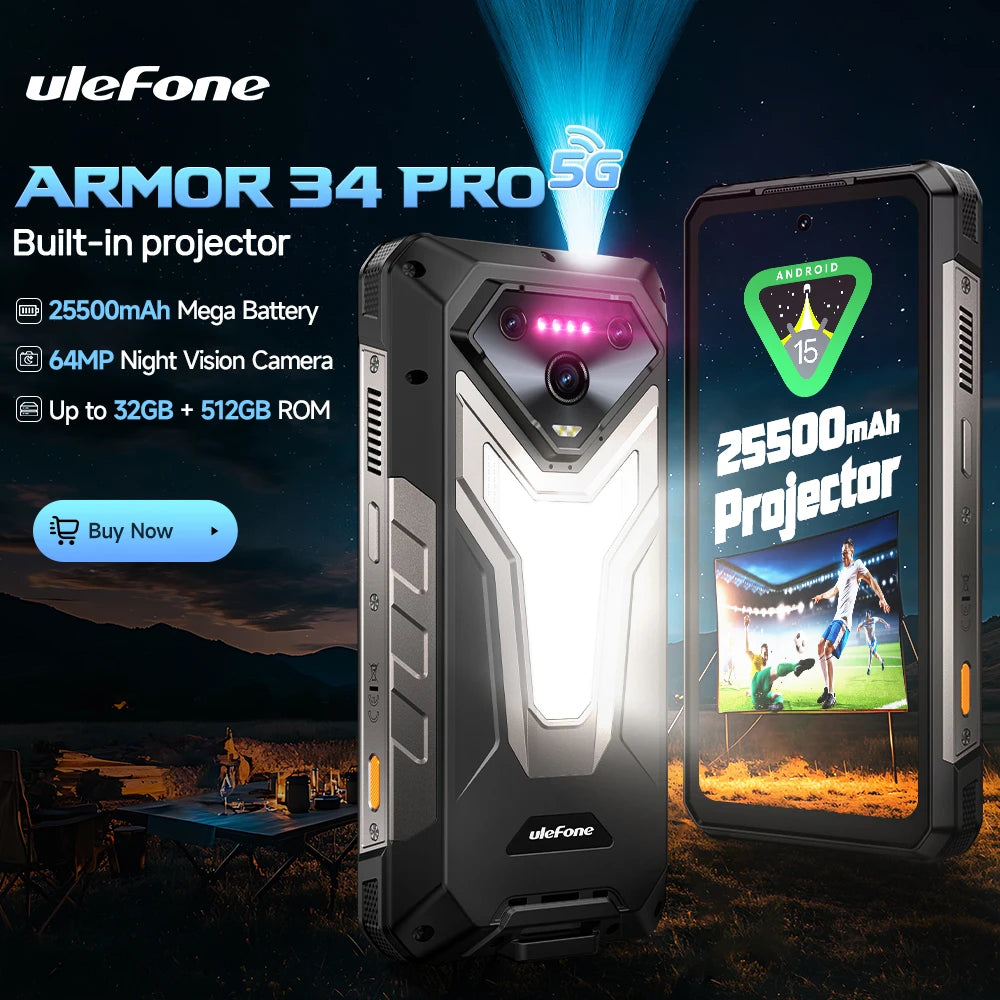 【World Premiere】Ulefone Armor 34 Pro 5G AI Rugged Phone 25500mAh Up to 32GB+512GB Built-in Projector 120Hz 6.95" NFC Smartphone