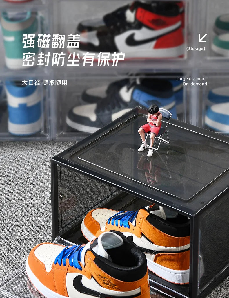 Transparent shoe box, hard box, magnetic storage, acrylic doll bag, hand-held storage box rack, front side opening shoe cabinet