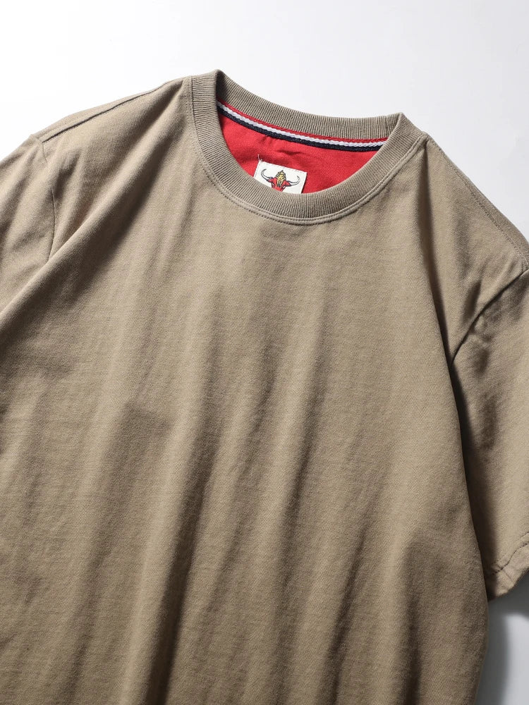 2025 Summer New American Retro Short Sleeve O-neck Solid Color T-shirt Men's Fashion 100% Cotton Washed Casual Terry Cloth Tops