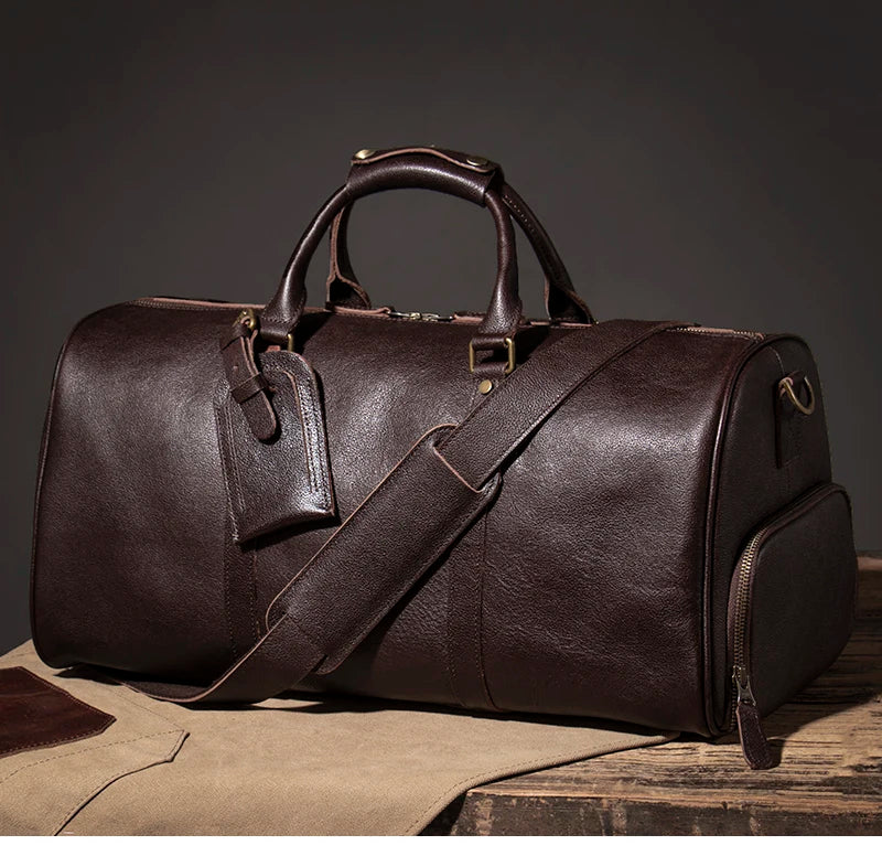 LUOKIR High Quality Men's Travel Bag Genuine Leather Luxury Luggage Bag Women's Weekend Duffle Bag Vintage Business Handbag