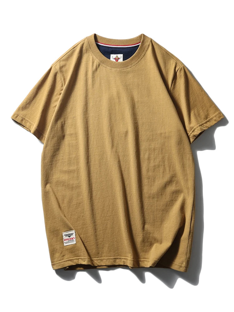 2025 Summer New American Retro Short Sleeve O-neck Solid Color T-shirt Men's Fashion 100% Cotton Washed Casual Terry Cloth Tops