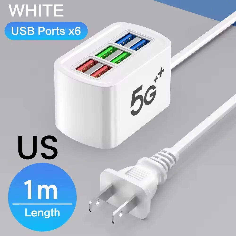 6 USB Charger Power Strip Universal Fast Charging EU/US Plug Phone Charger Adapter Electric Socket Extension Cable Table Socket