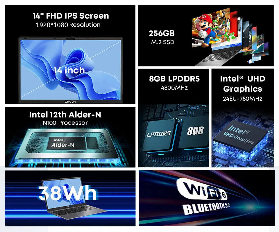 CHUWI 14.1-inch GemiBook XPro Laptop Intel N100/N150 Graphics 600 GPU Screen 8GB RAM 256GB SSD With Cooling Fan Windows 11