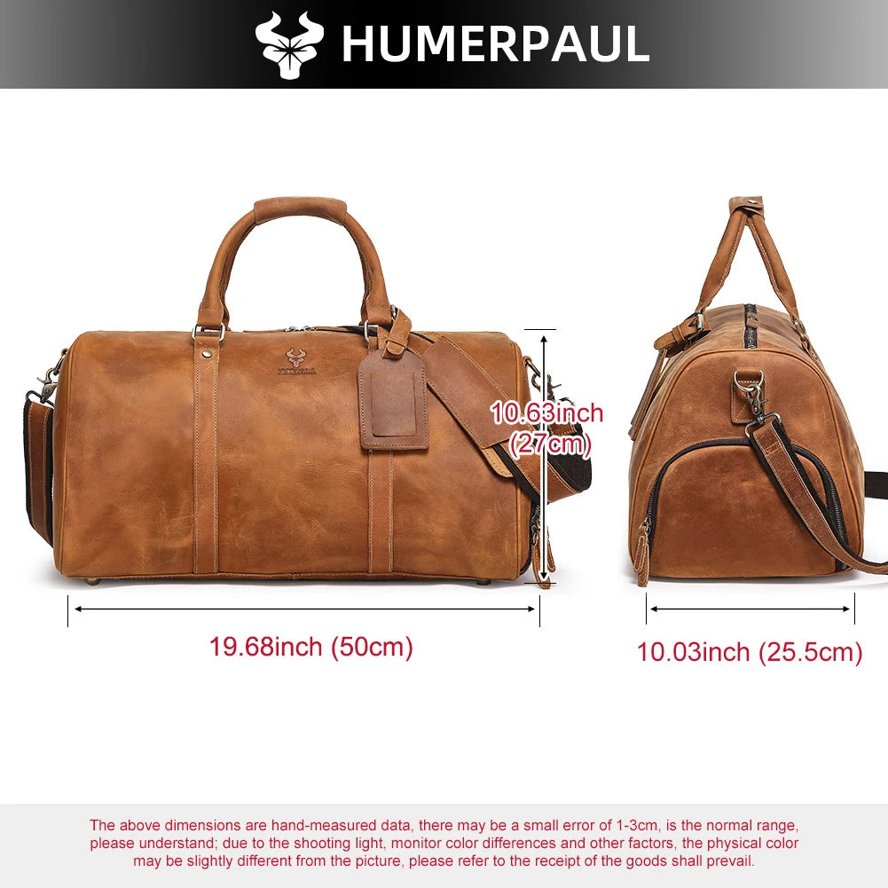 Men's Crazy Horse Leather Duffle Bag Large Capacity Travel Luggage Bag Fits 15'' Laptop & Shoes Durable Totes Bags for Business