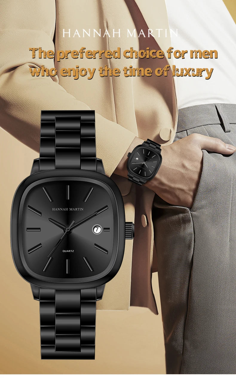 Japanese Movement Square Fashion Stainless Steel Strap Original Business Style Silver Black Waterproof 3Bar Quartz Watch for Men