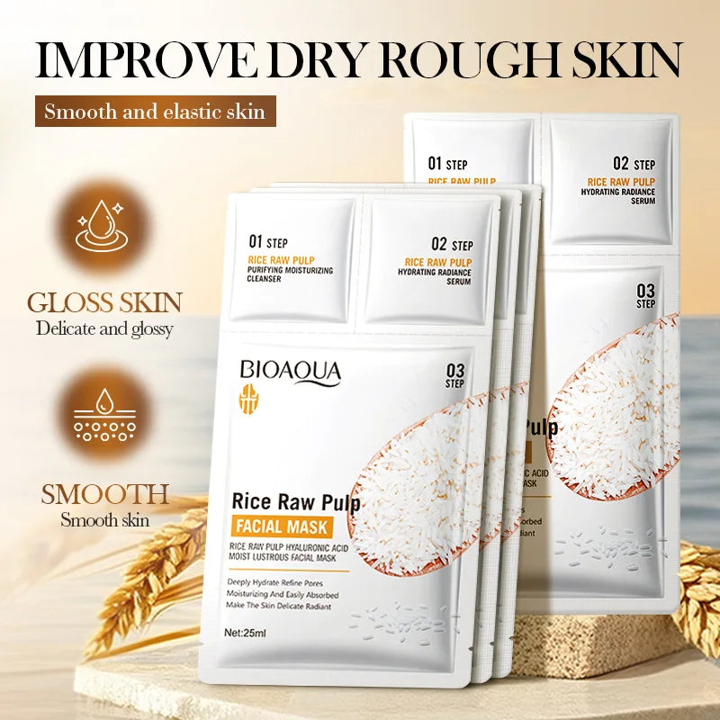 5pcs BIOAQUA White Rice Face Mask Sets Moisturizing Whitening Anti Wrinkle Facial Serum Cleanser Face Masks Skin Care Kit
