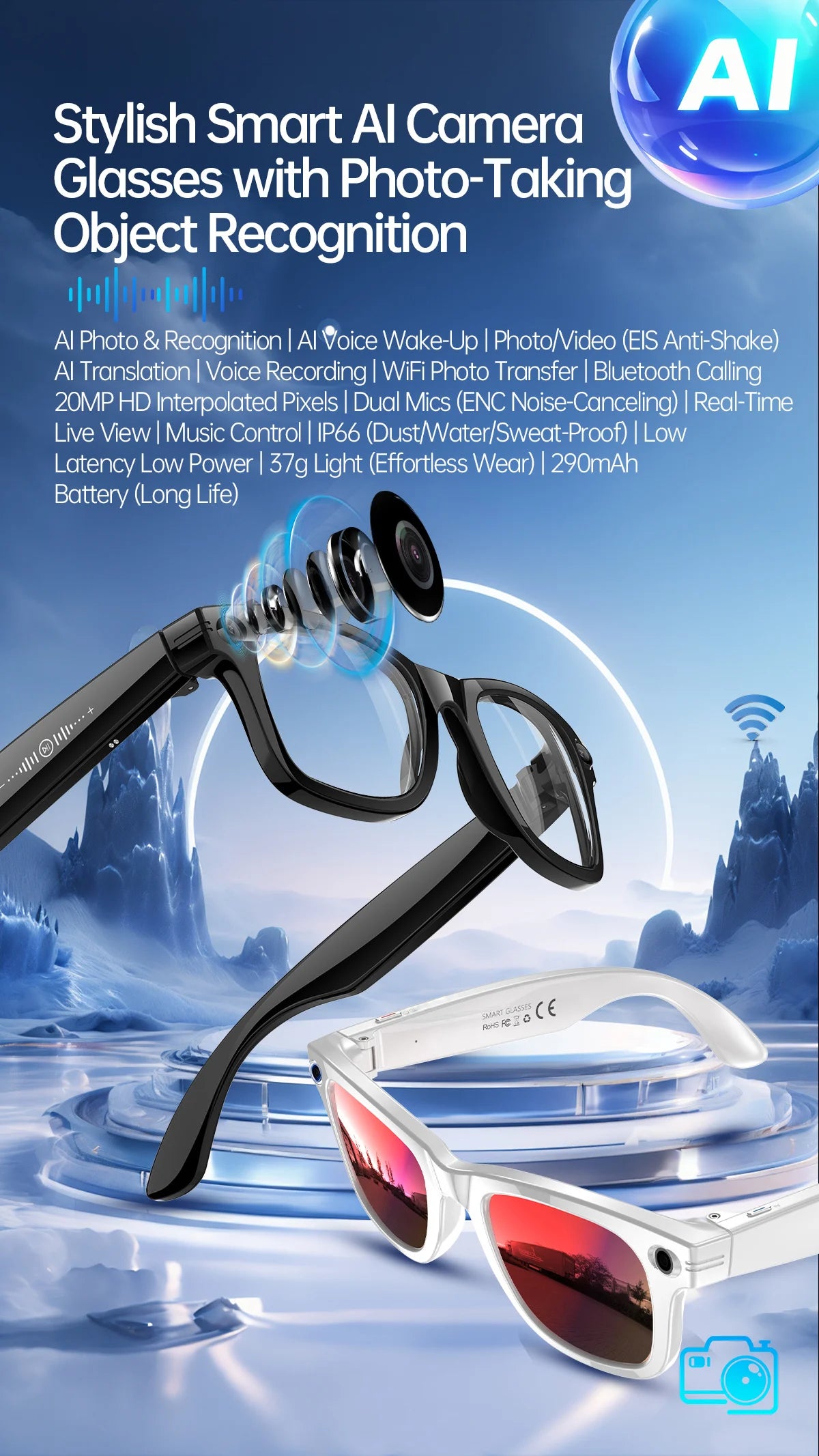 AI Smart Glasses 5 Million Pixels Recording Videos Photo Recognition Answer Translation 290mAh IP66 Waterproof Bluetooth Glasses