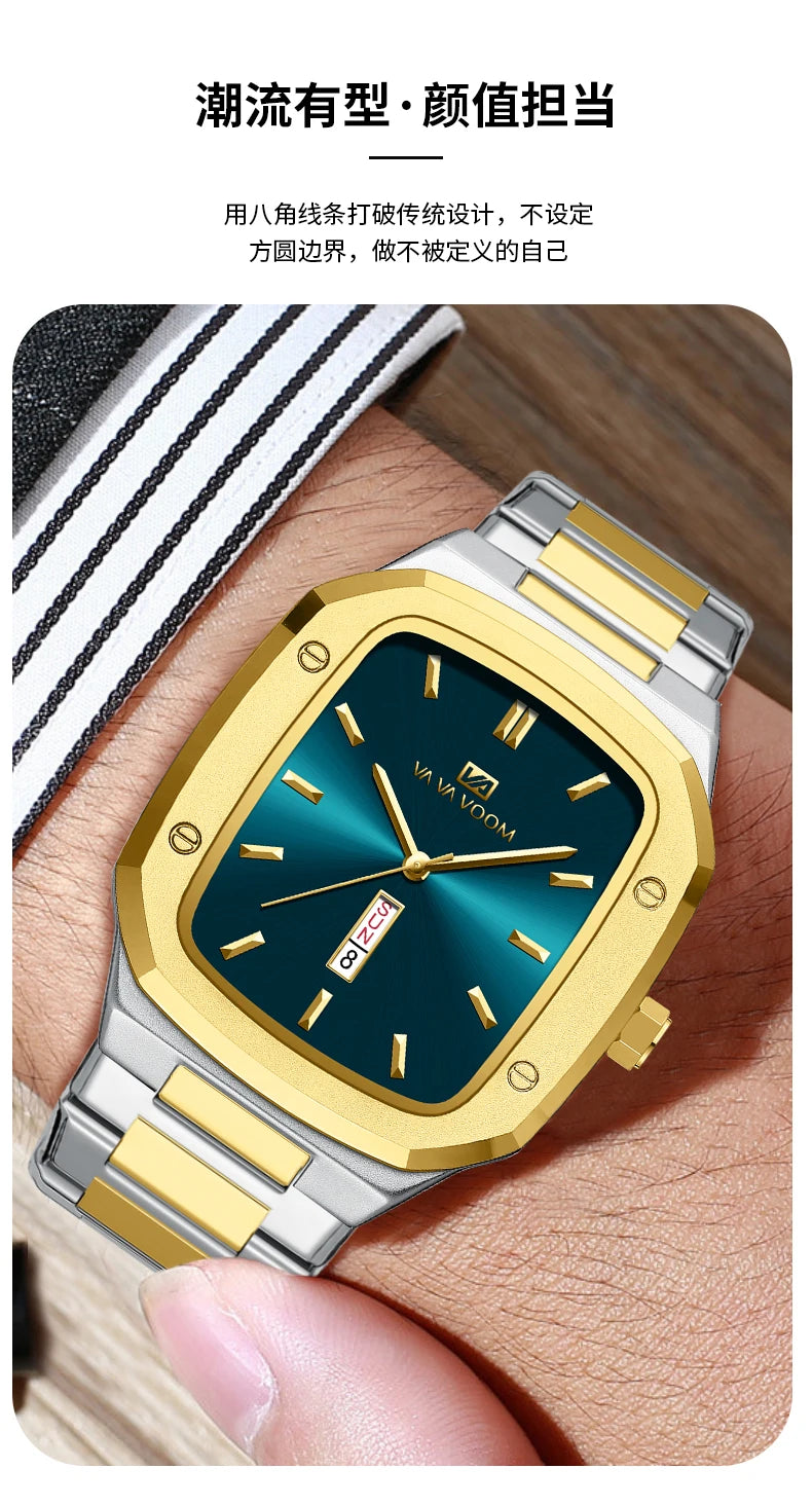 2025 New Men Watch Week Quartz Movement Square Stainless Steel Clock Gold Black Waterproof Luxury Brand Waterproof Sports Watch