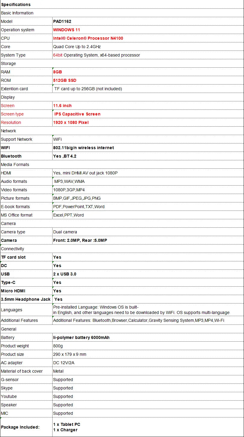 11.6 INCH 8GB RAM 512GB eMMC ROM WINDOWS 11 TABLET PC PAD1162 Intel Celeron N4100 CPU 1920 x 1080 Pixel WIFI Type C