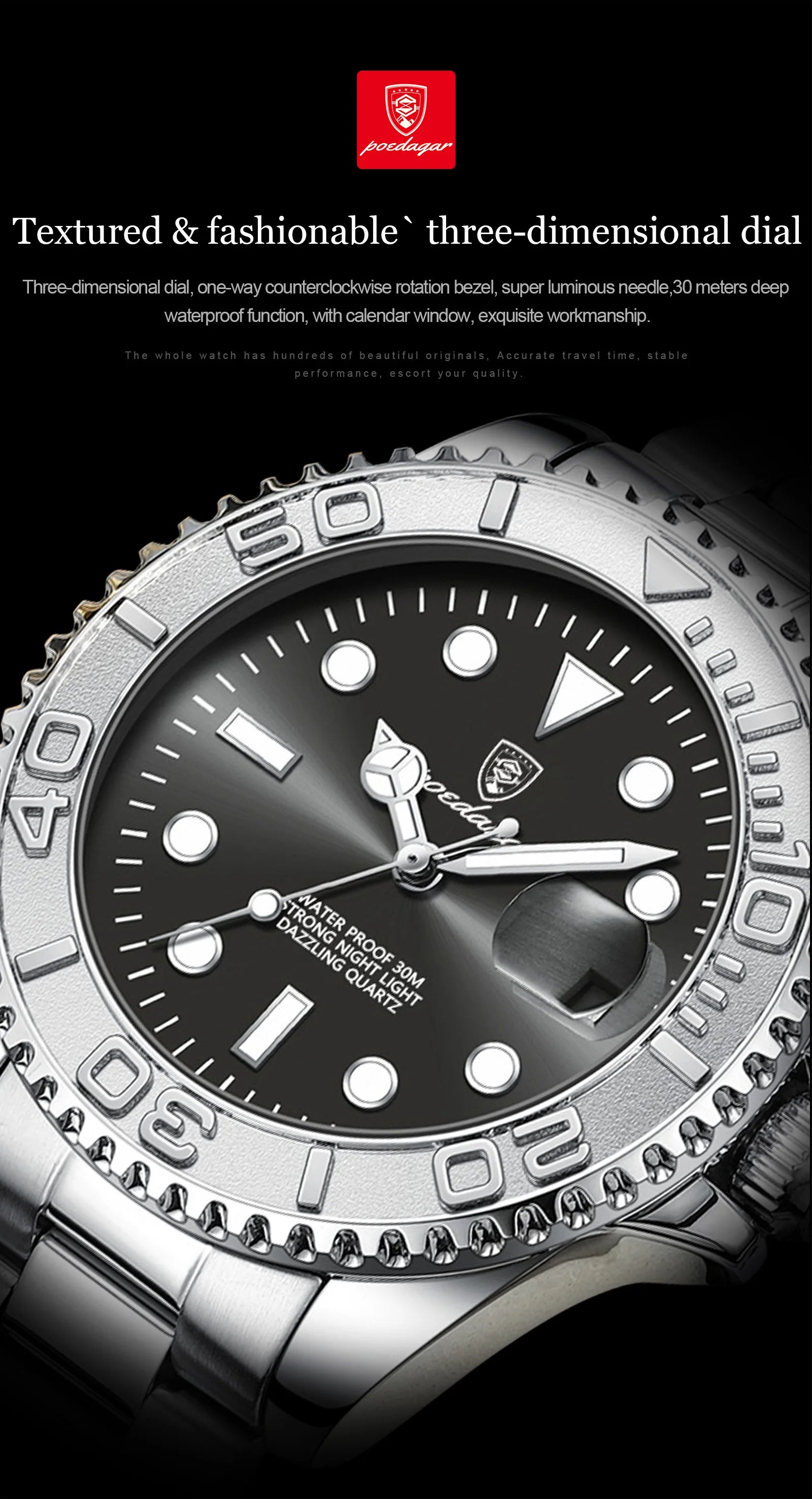 POEDAGAR Business Luxury Man Watch Luminous Waterproof Date Stainless Steel Men Watch High Quality Military Men's Quartz Watches