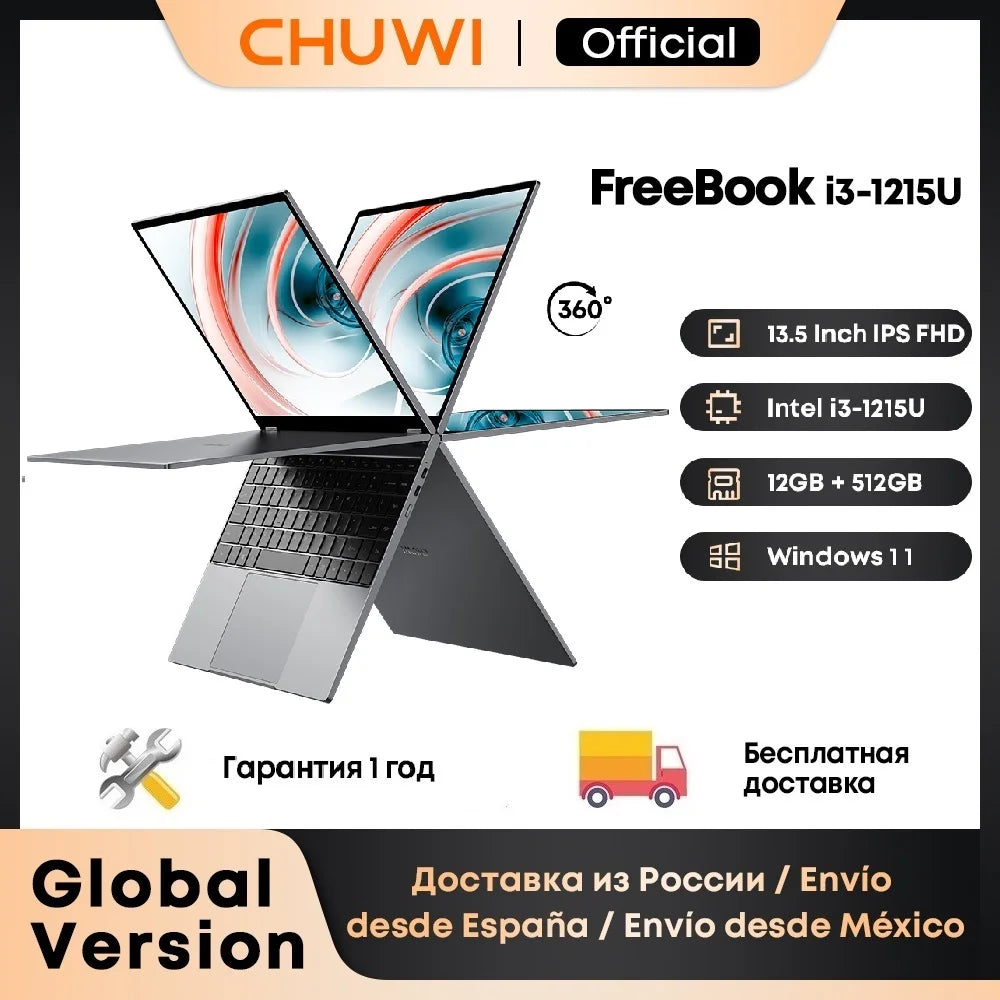 CHUWI FreeBook Laptop i3-1215U / N150 Processor 13.5" IPS Screen 2 In 1 Laptop Tablet PC 12GB RAM 512GB SSD Support Stylus