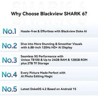Blackview SHARK 6 AI Smartphone Android 15 Unisoc T8100 5G Mobile Phone 6.88'' Display 120Hz,  8+16GB RAM,128GB+2TB ROM, 5000mAh