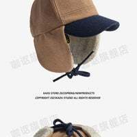 Retro Woolen Color Matching Bomber Hat Men and Women Street Japanese Trend Peaked Cap Plush Thermal Ear Protection Baseball Cap