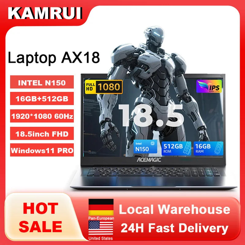 KAMRUI Laptop Computer 18.5" FHD 8000mAh Intel N150 Quad-Core Windows 11 PRO 16GB DDR4 RAM 512GB M.2 SSD WiFi5 Desktop Notebook