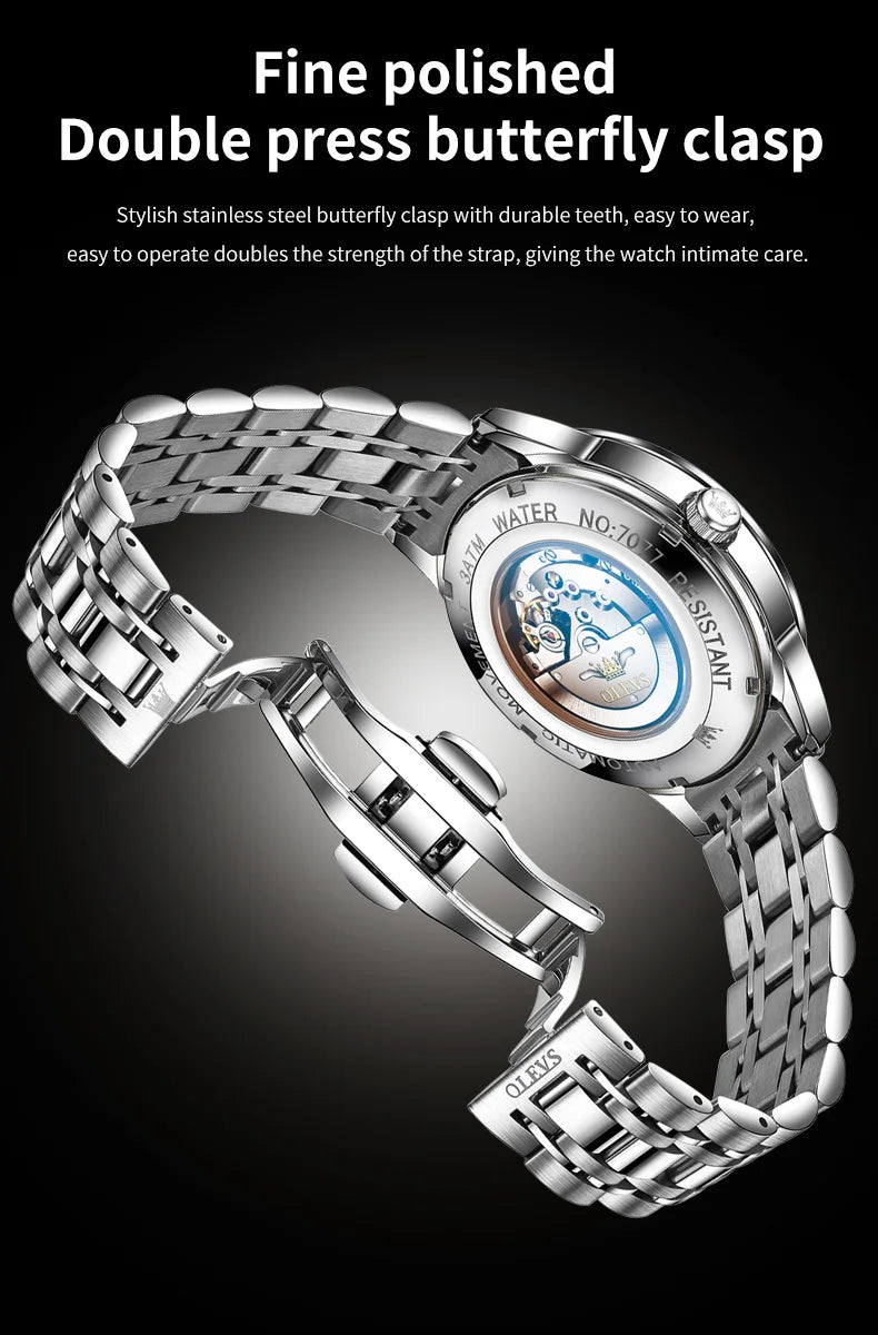 OLEVS Men Watches 7077 Luxury Fashion Top Brand Original Automatic Mechanical Watch for Man Double Scale Simple Trend Waterproof