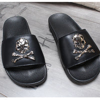 2025 New Arrival Men Genuine Leather Skull Slippers Men's Solid Flat Non-slip Rubber Soles Metal Skull Slides Unisex