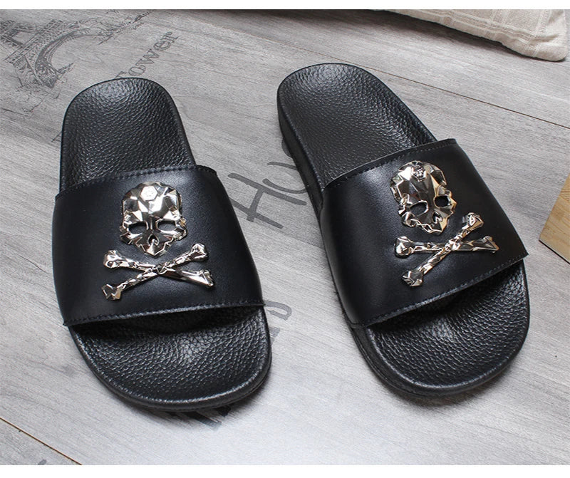 2025 New Arrival Men Genuine Leather Skull Slippers Men's Solid Flat Non-slip Rubber Soles Metal Skull Slides Unisex