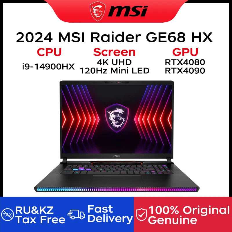 2024 MSI Raider GE68 HX Gaming Laptop 16 Inch 4K UHD 120Hz Mini LED Screen Notebook i9-14900HX 32GB 2TB RTX4080 Netbook Computer