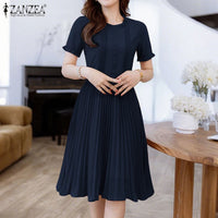2025 ZANZEA Elegant Women Midi Dresses Summer Office Work Dress Short Sleeve O Neck Party Vestidos Pleated Sundress Robe Femme