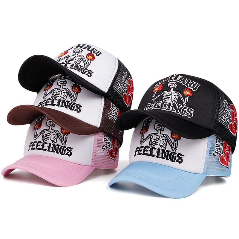 2025 Popular New Breathable Mesh Hat Fire Skull Rose Love Street Skateboarding Hip Hop Hat Leisure Sports Sun Hat Baseball Hat